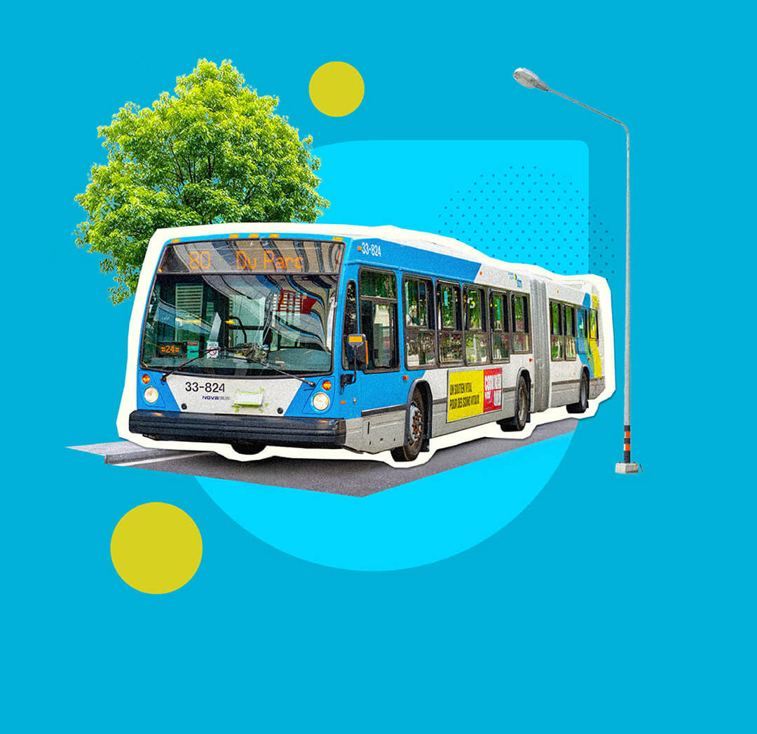 Collage d'un autobus de ville sur fond bleu