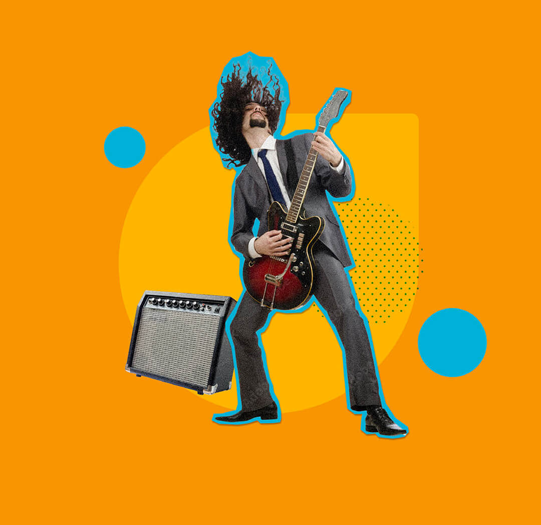 Collage d'un musicien habillé en veston cravate qui joue de la guitare électrique